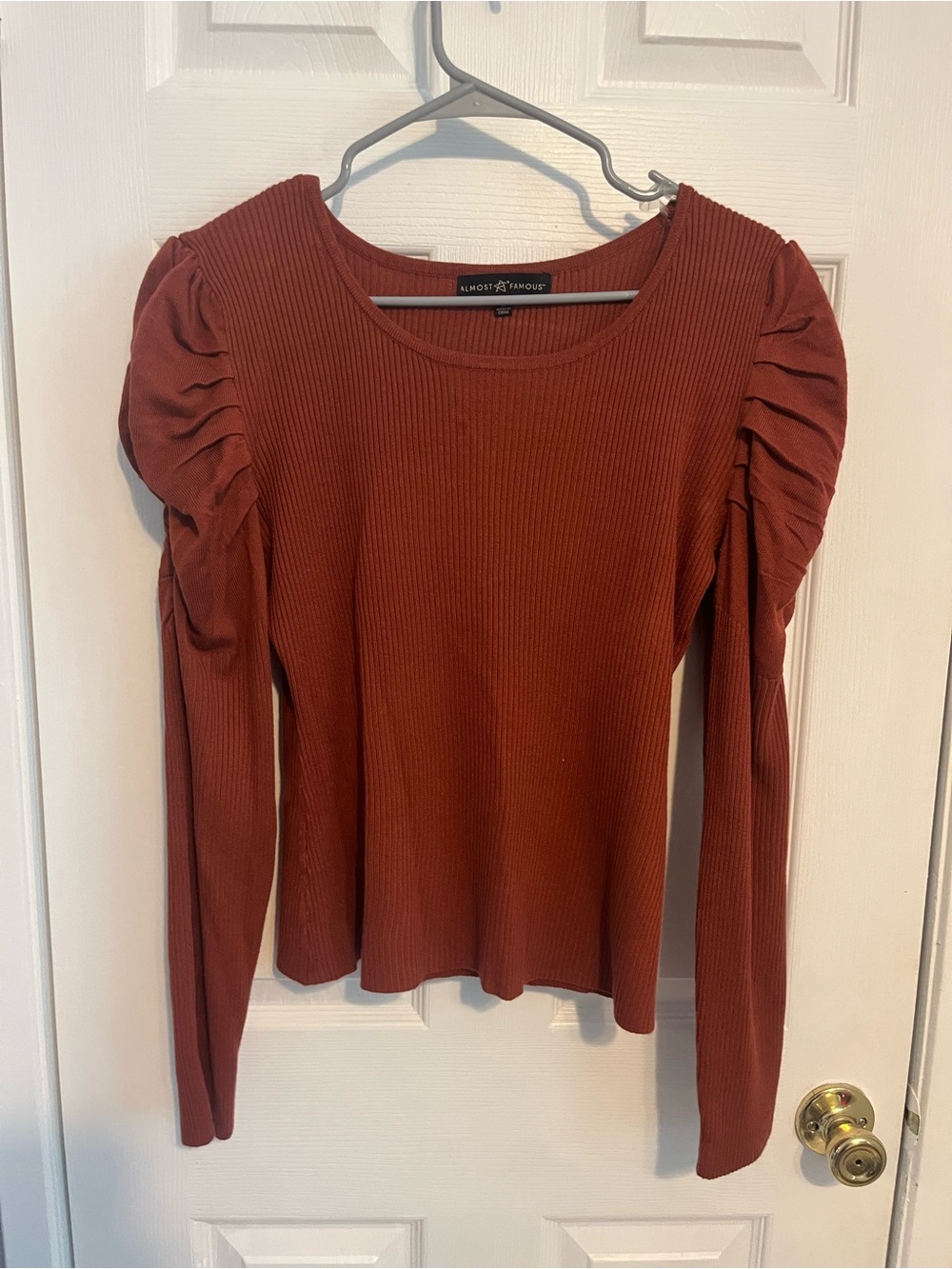 Almost Famous Rust Red Ribbed Puff-Sleeve Long Sleeve Top